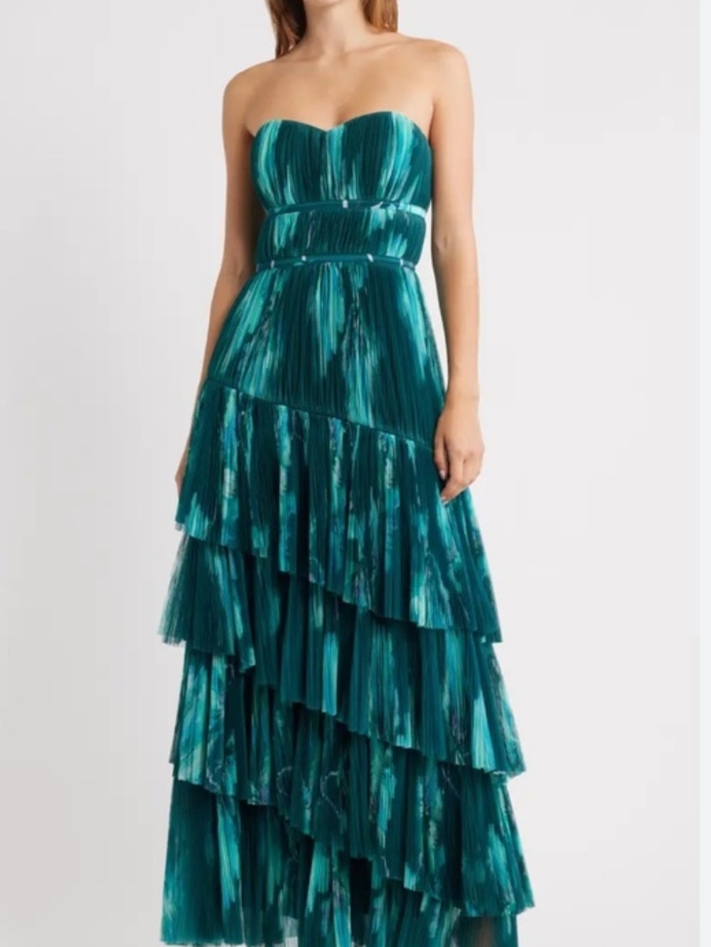 Hutch Teal Strapless Pleated Tiered Gown